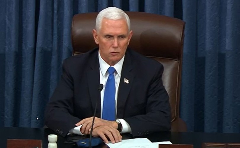 In this screenshot taken from a congress.gov webcast, Vice President Mike Pence presides over the Senate debate session to ratify the 2020 presidential election at the U.S. Capitol on January 6, 2021 in Washington, DC. Congress has reconvened to ratify President-elect Joe Biden's 306-232 Electoral College win over President Donald Trump, hours after a pro-Trump mob broke into the U.S. Capitol and disrupted proceedings. (Photo by congress.gov via Getty Images)