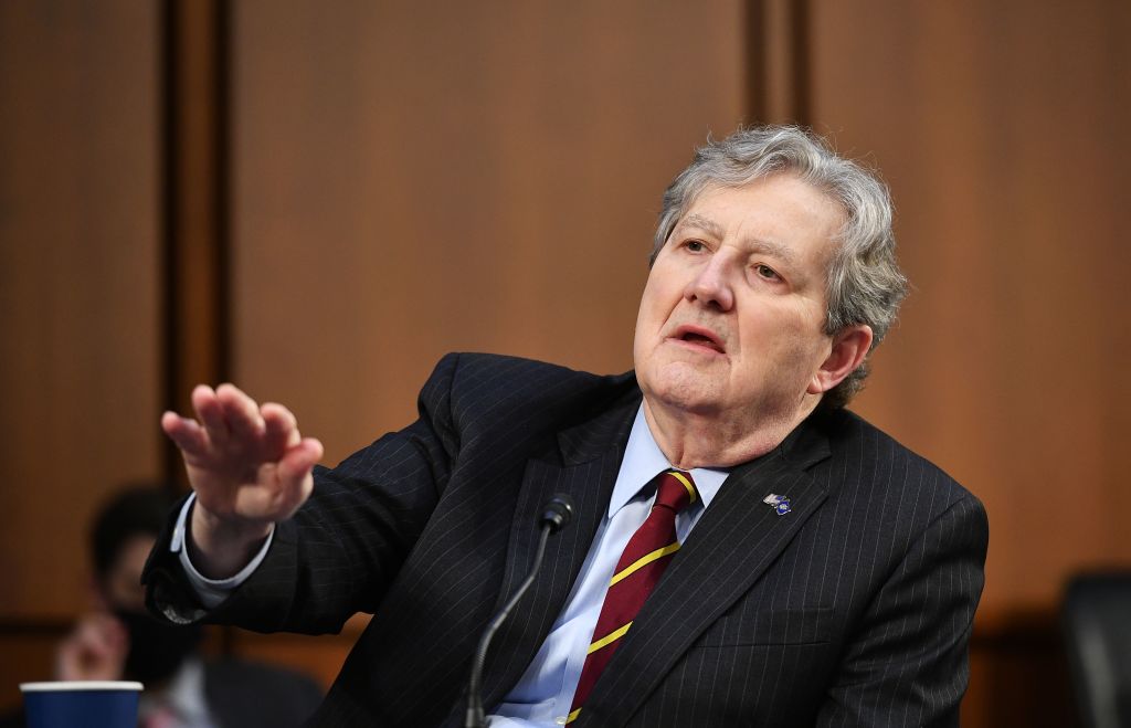 Senator John Kennedy, R-LA, speaks as FBI Director Christopher Wray testifies before the Senate Judiciary Committee on the January 6th insurrection, in the Hart Senate Office Building on Capitol Hill in Washington, DC on March 2, 2021. (Photo by MANDEL NGAN / POOL / AFP) (Photo by MANDEL NGAN/POOL/AFP via Getty Images)