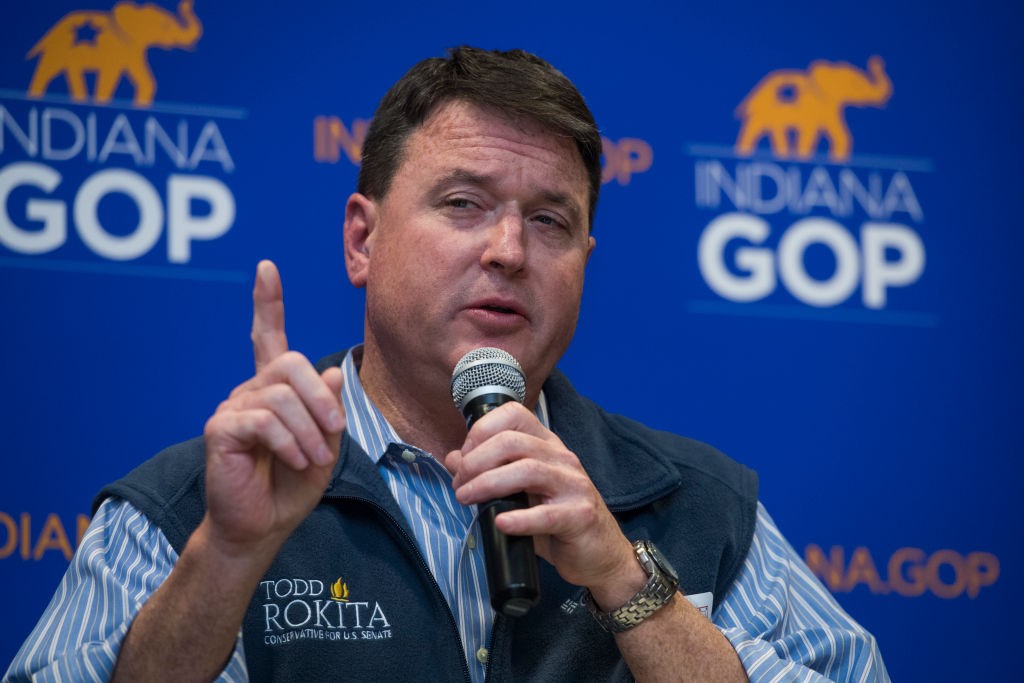 Rep. Todd Rokita, R-Ind., who is running for the Republican nomination for Senate in Indiana, addresses the Steuben County Lincoln Day Dinner in Angola, Ind., on April 4, 2018. (Photo By Tom Williams/CQ Roll Call)
