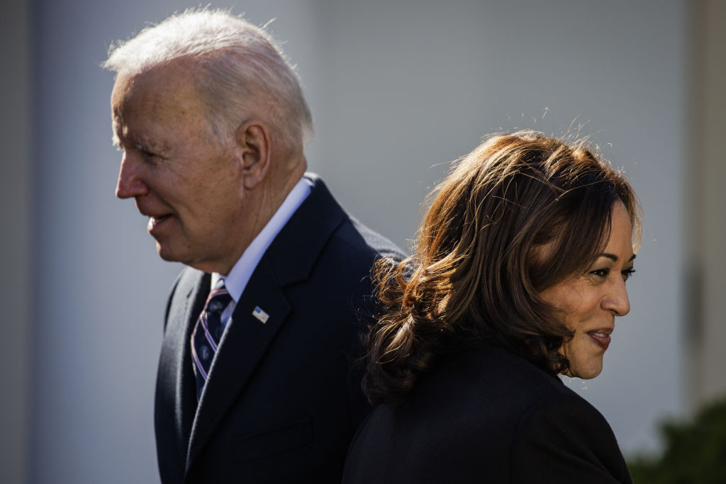 U.S. President Joe Biden and U.S. Vice President Kamala Harris after Biden signed H.R. 55, the "Emmett Till Antilynching Act," during a ceremony in the Rose Garden of the White House in Washington, D.C., U.S., on Tuesday, March 29, 2022. The measure, that makes lynching a federal hate crime, is named for Emmett Till who was lynched at age 14 in 1955 in Mississippi. Photographer: Samuel Corum/Bloomberg via Getty Images