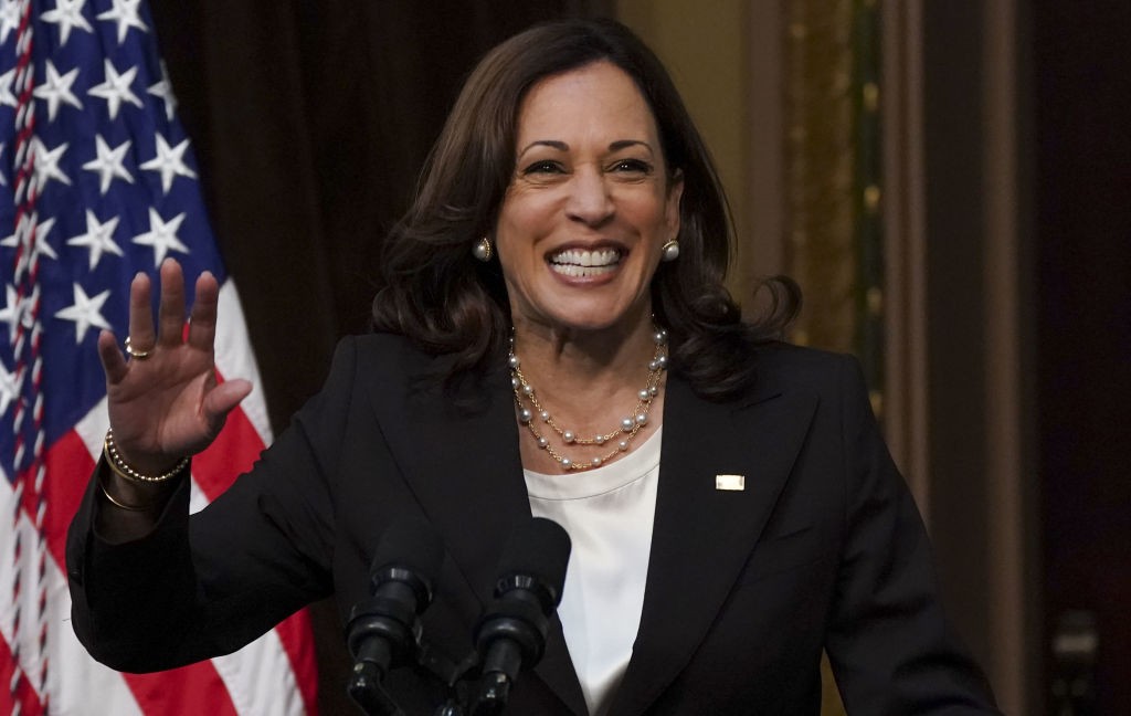 Vice President Kamala Harris speaks to the traveling press pool as Second Gentleman Doug Emhoff looks on, under the wing of Air Force 2 atBuffalo-Niagra International Airport on Saturday, May 28, 2022 in Buffalo, NY. Ruth Whitfield, whose funeral the Vice President and Second Gentleman attended earlier in the day, was one of ten people killed two weeks ago in what federal officials are calling an act of racially motivated violent extremism, by a white man, in the shooting of a supermarket in a historically black neighborhood of Buffalo, NY. (Kent Nishimura / Los Angeles Times via Getty Images)
