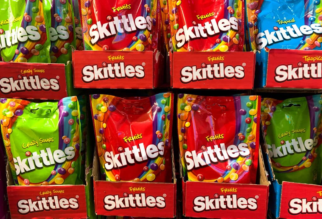 Skittles candies are seen in the shop in Milan, Italy on October 6, 2021. (Photo by Jakub Porzycki/NurPhoto via Getty Images)