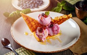 Close-up of dessert in plate on table,Romania