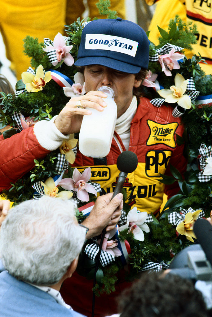 Rick Mears Drinking Milk After Winning