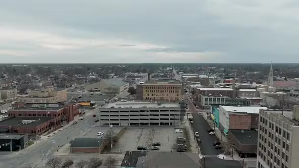 Anderson, Indiana downtown skyline with drone moving sideways.