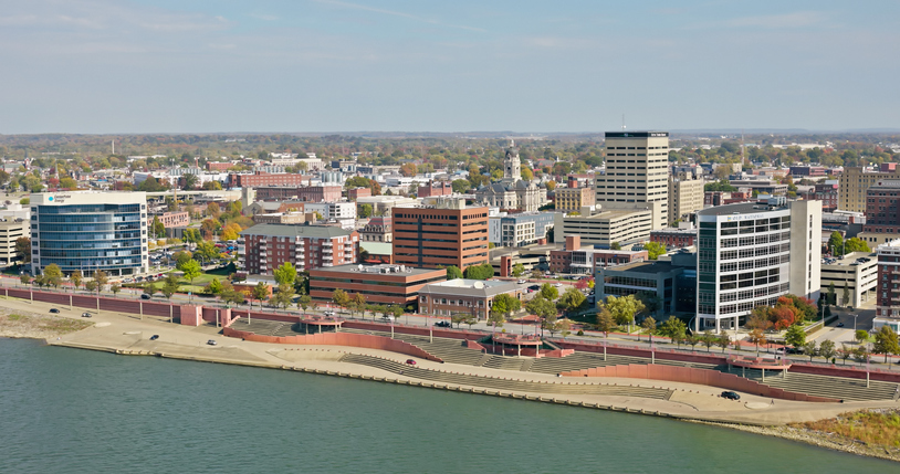 Drone Shot of Levee and Downtown Streets in Evansville, IN from Over Ohio River