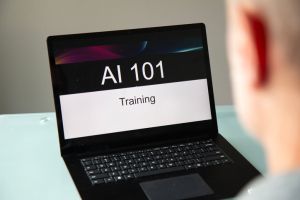 Businessman taking a virtual AI 101 training from home