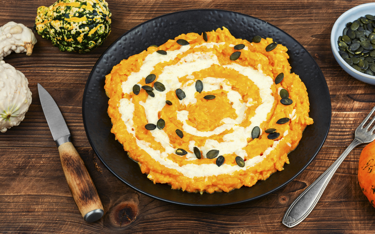 Autumn pumpkin risotto, vegetarian vegan food.