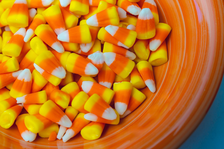 Close up of Halloween Candy Corn in a Bowl