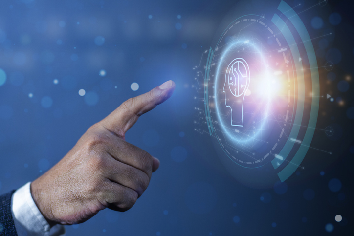 Businessman hand touching connecting with ai brain. Artificial intelligence Machine Learning Business Internet Technology Concept.