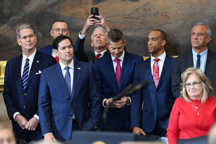 (L-R) US Secretary of Treasury nominee Scott Bessent, Secretary for Veterans Affairs nominee Doug Collins, Secretary of State nominee Marco Rubio, Secretary of Energy nominee Chris Wright, Secretary of Transportation nominee Sean Duffy, Secretary of Housing and Urban Development nominee Scott Turner and Secretary of Health and Human Services nominee Robert F. Kennedy Jr. attend the inauguration