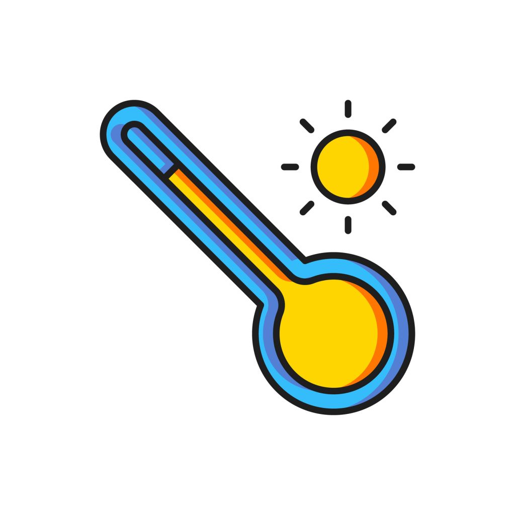 Color Meteorology thermometer measuring heat and cold icon isolated on white background. Thermometer equipment showing hot or cold weather. Flat filled outline style with shadow. Vector