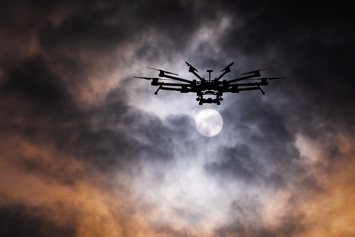 Unmanned aerial vehicle against the dramatic sky