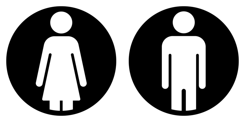 Restroom sign, men and women symbol silhouette shape, black and white illustration of a man and a woman in a circle, isolated on white