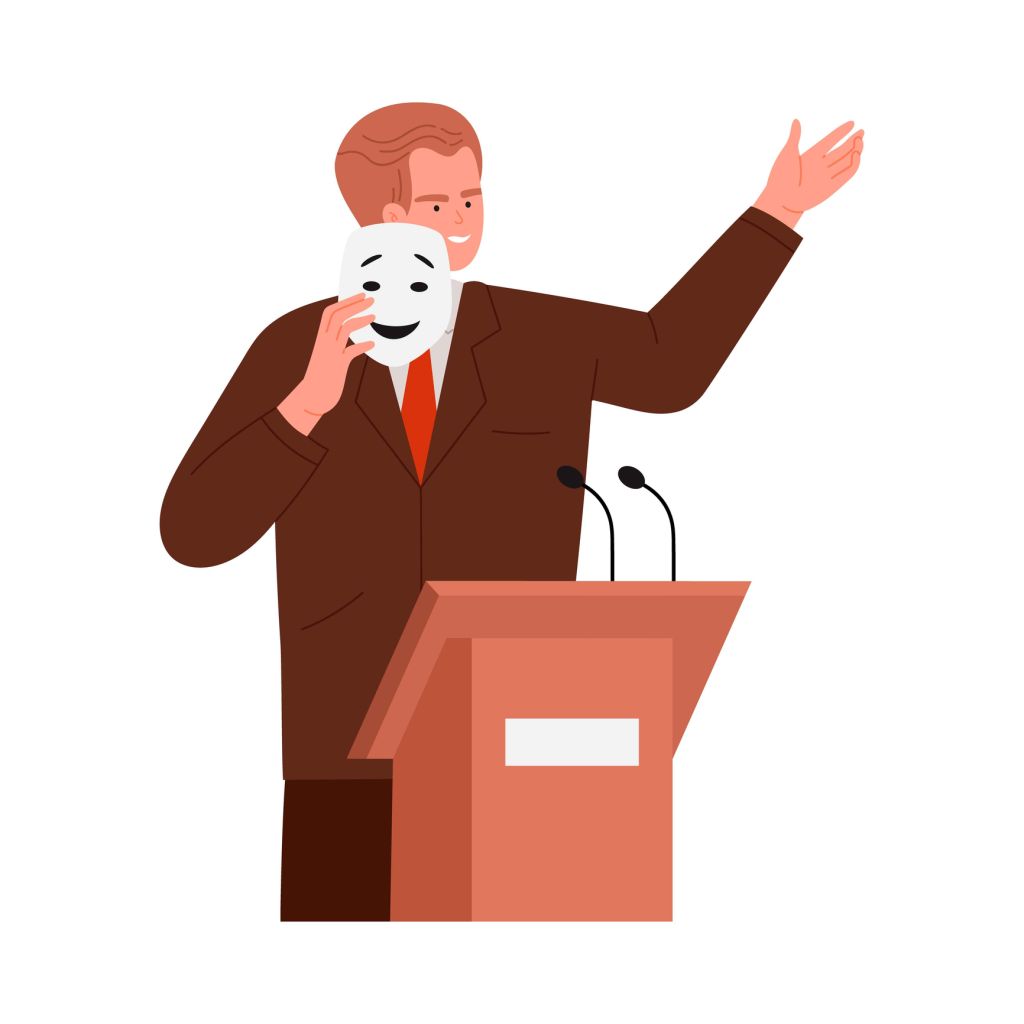 Politician Hiding True Face Behind Mask Isolated