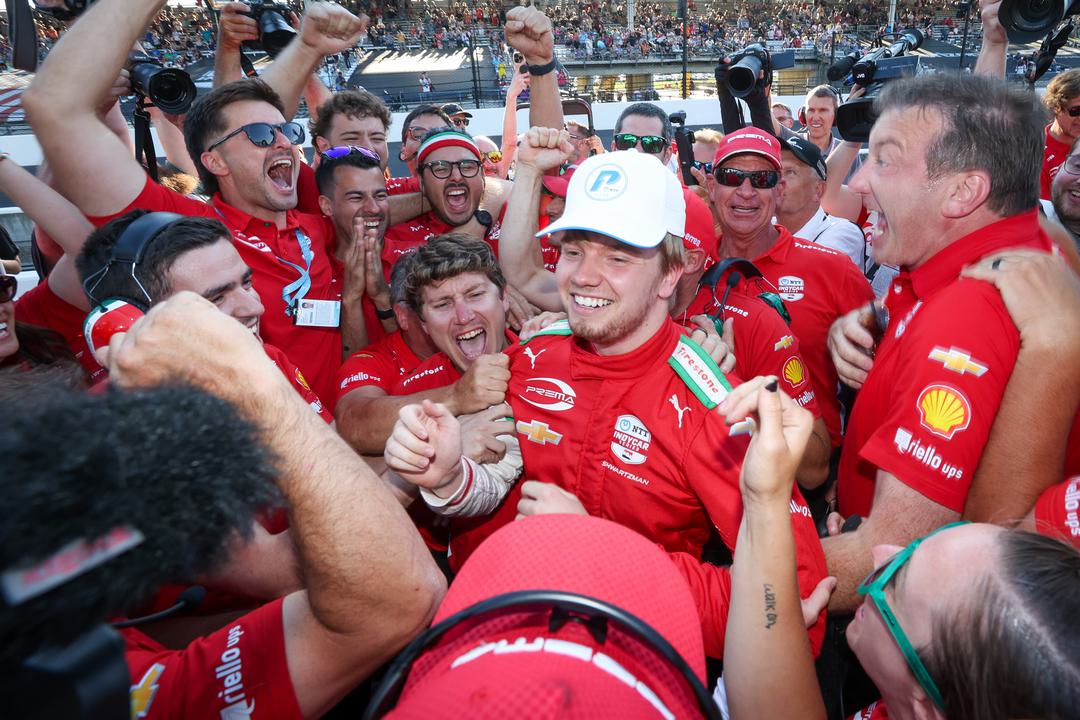 Robert Shwartzman celebrates pole for the Indy 500