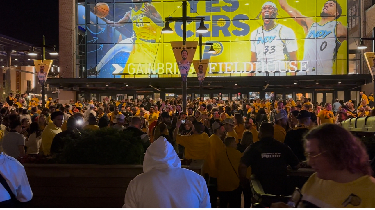 Pacer fans gather outside Gainbridge Fieldhouse to celebrate their first appearance in the NBA Finals since 2000