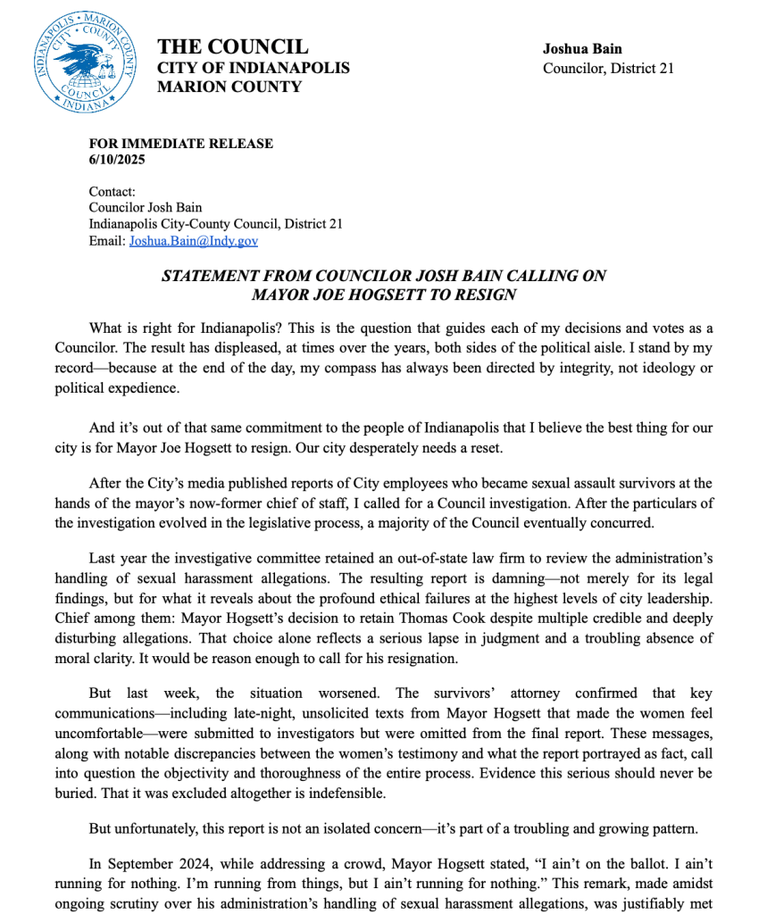 Bain Calls on Hogsett to Resign