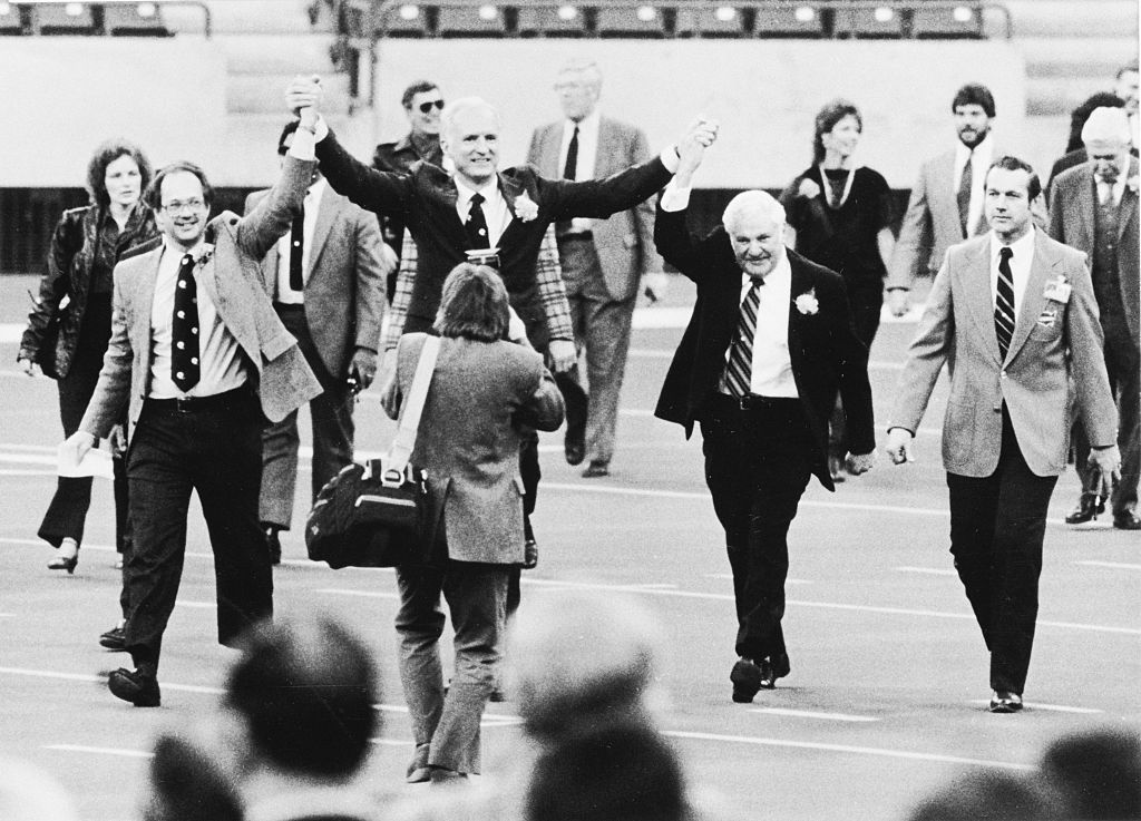 David Frick, Indianapolis Mayor William Hudnut, and Colt's owner Robert J. Irsay...