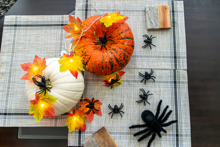 Top View of Halloween Pumpkin Decoration with Spiders