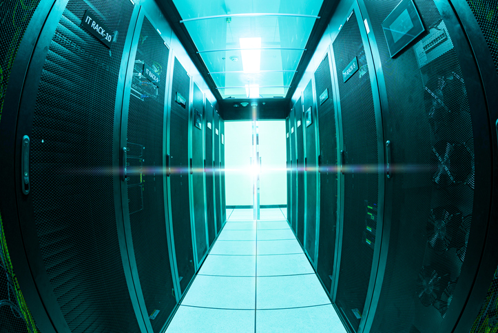 Data Center Aisle with Server Racks and Networking Equipment