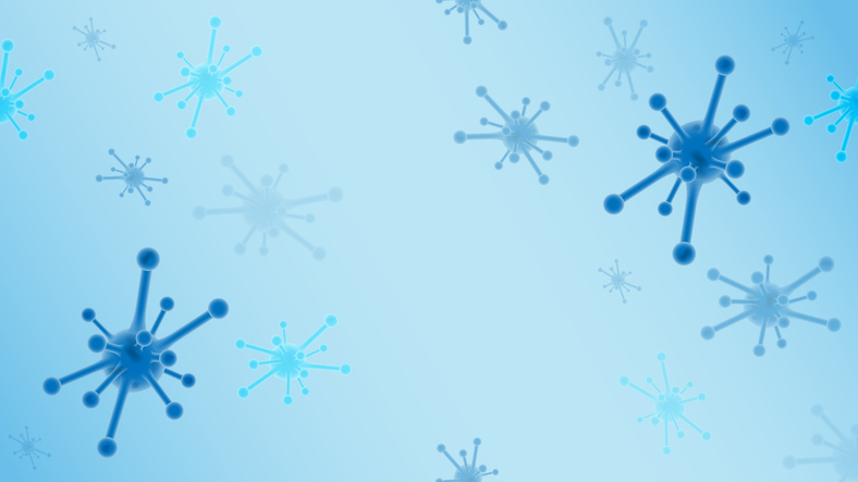 Abstract blue virus shapes floating on clean light background, symbolizing infection, prevention, healthcare and microbiology research